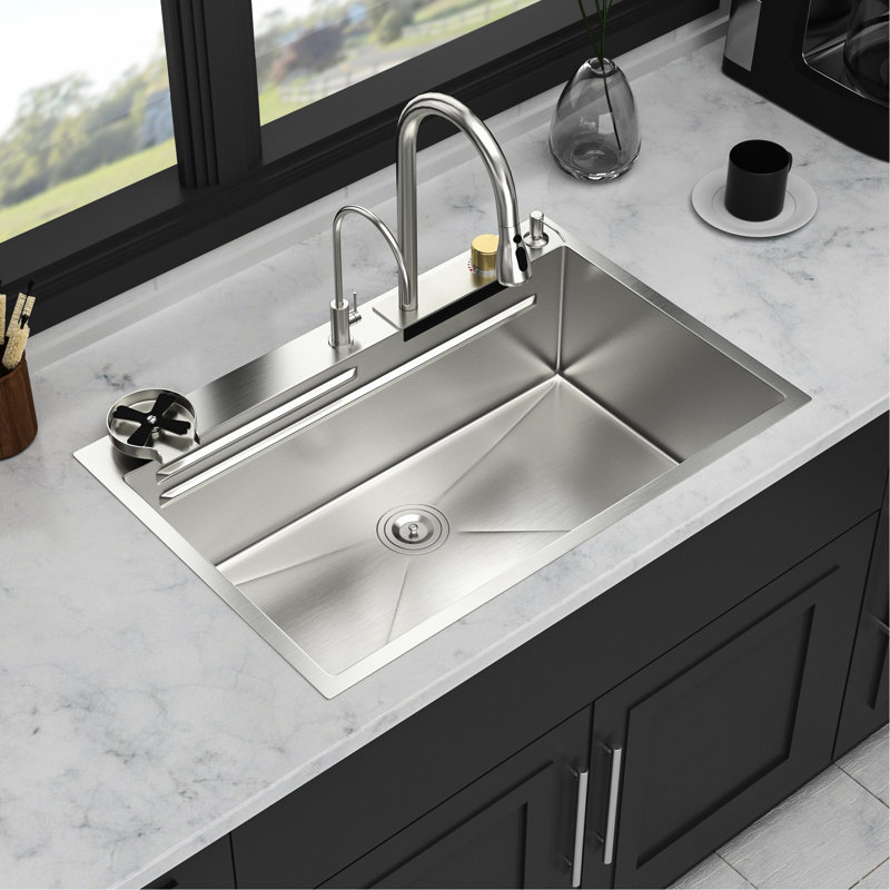 33*22 Inch 16 Gauge Stainless Steel Kitchen Sink With Pull-Out Faucet And Cup Washer, T304 Construction For Long - Lasting, Unique Waterfall Design 3 Flow Modes, X-Shaped Water Guide Quick Drain,