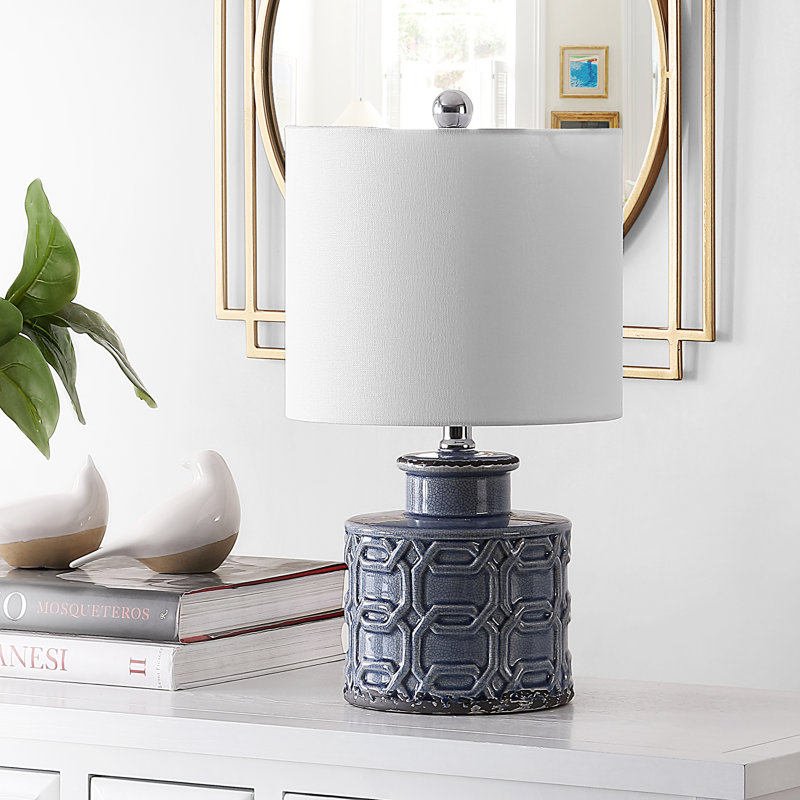 Blue Ceramic Table Lamp with White Drum Shade