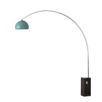 Lampe à arc moderne emblématique Mid-Century de 95 po de hauteur, corps en acier nickel satiné, abat-jour demi-dôme turquoise, base en marbre noir, à intensité variable