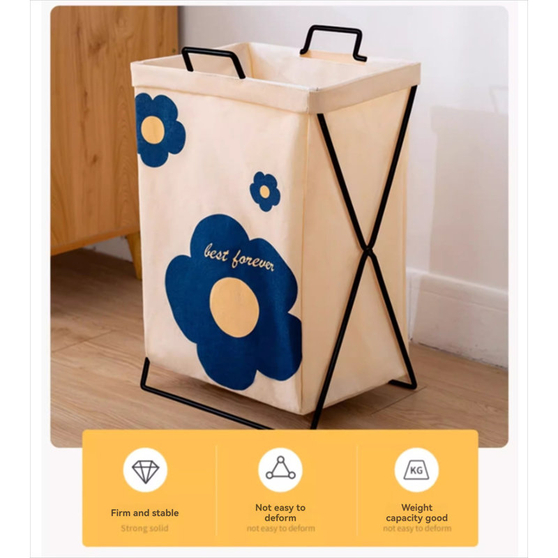 Fabric Laundry Hamper with Handles, Beige/Blue