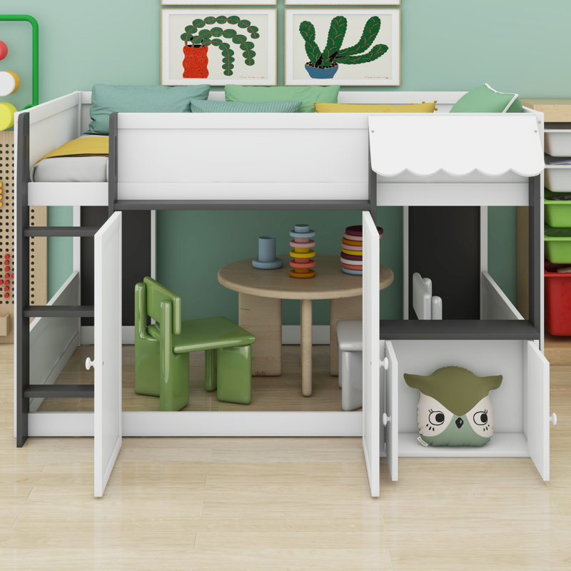 Kids/Teens Wood Loft House Bed – Playhouse & Storage Combination, White+gray