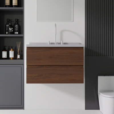 Meuble-lavabo suspendu de 76 cm avec lavabo, comptoir et dosseret en marbre reconstitué, lavabo en céramique, armoire murale en contreplaqué, tiroirs à fermeture amortie, brun