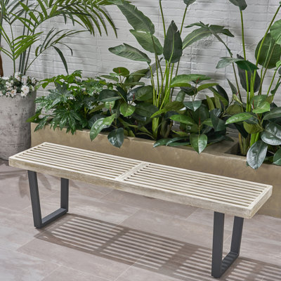 Banc d'extérieur à pieds en bois et fer noir, 61,28 po, gris, aspect artistique rustique