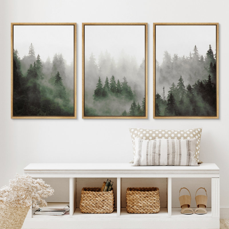 Misty Forest Green Pine Tree Canvas Triptych Wall Art