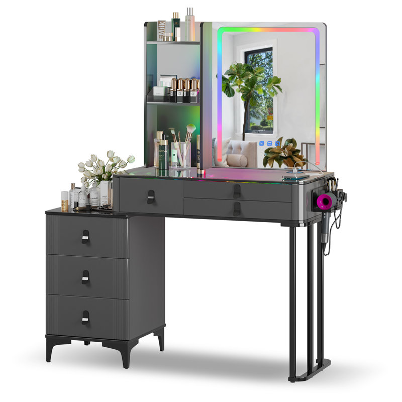 Vanity Set with Human Sensor RGB Lights, Glass Top and Quick-Charging Station, Grey