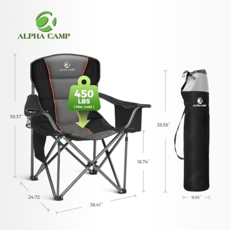 Chaises de camping surdimensionnées entièrement rembourrées avec support lombaire | Armoire en acier robuste de 500 lb, robuste, durable, sac isotherme, tissu Oxford 600D, porte-gobelet, sac de transport, poche, facile à installer