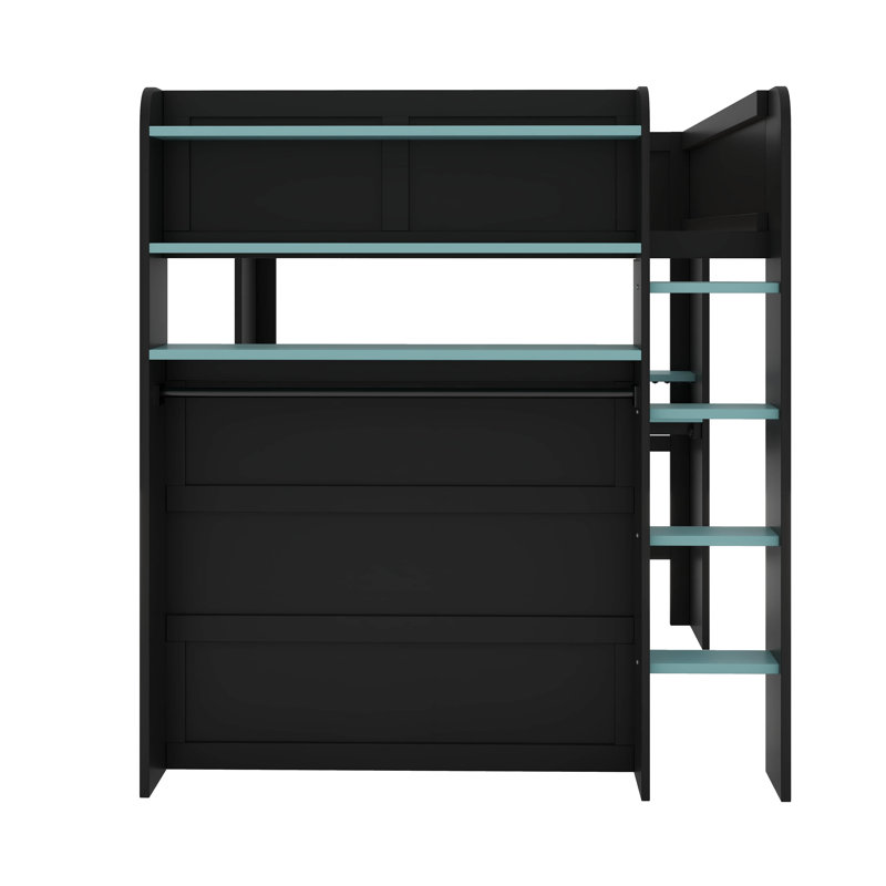 Full Size Gamer Loft Bed With Height-Adjustable Desk,Wardrobe And RGB Light, Black/Blue