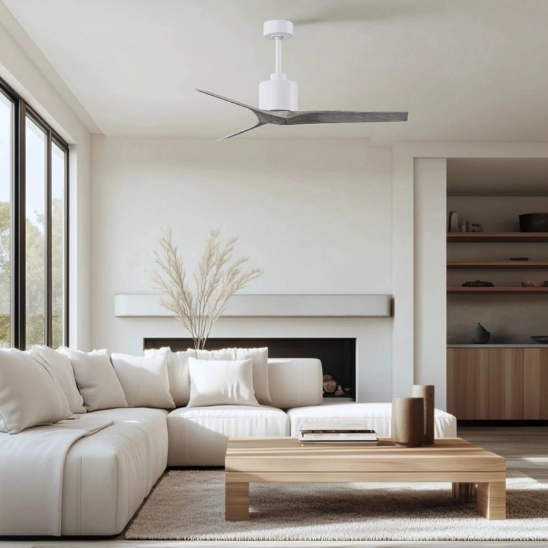 Ventilateur de plafond standard à 3 pales Ertugrul, Blanc mat, 52", Ton bois de grange