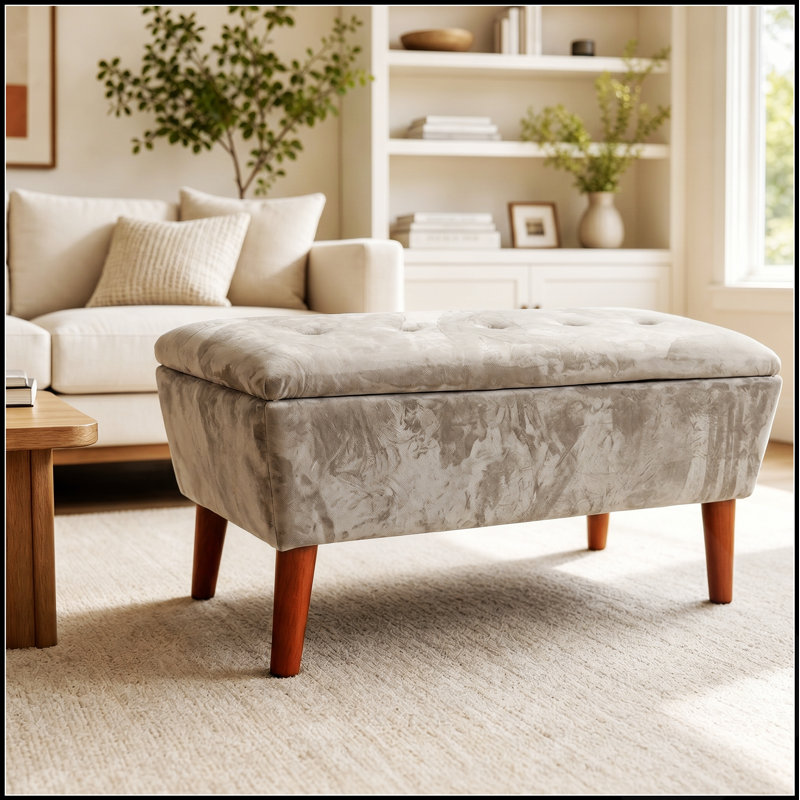 Banc ottoman rectangulaire en lin de 107 cm (42 pouces), repose-pieds bas moderne avec pieds fuselés en bois massif, meuble polyvalent pour entrée et chambre.