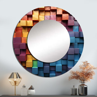 Rosanell Rainbow Cubic Wood Spectrum - Abstract Shapes Decorative Wall Mirror, Modern Round Mirror, Printed Metal Art