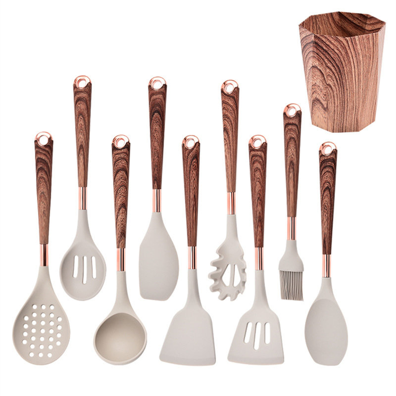 Ensemble d'ustensiles de cuisine en acier inoxydable et en silicone 10 pièces - Spatules de cuisine, cuillères et louches au design scandinave
