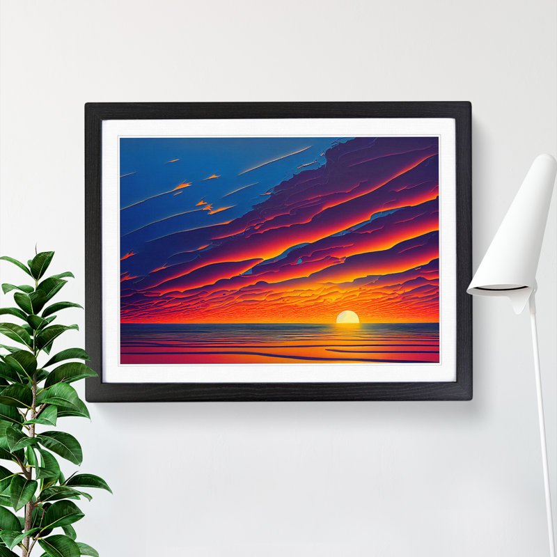 XH1022-6507X Otherworldly Sunset Seascape - Single Picture Frame Print, Black, 46cm H x 64cm W x 2cm D