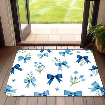 1PC Mat Aesthetic Blue Bow & Floral Pattern Floor Mat Door Floor Mat Non Slip Water Absorbing Floor Mat Suitable For Entrance, 17.72*47.74 In