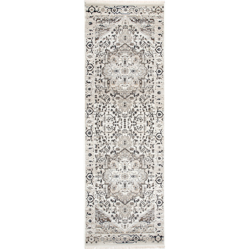 Uriegas Performance Medallion Fringed Beige/Gray/Brown Rug, Runner 2'6" x 10'