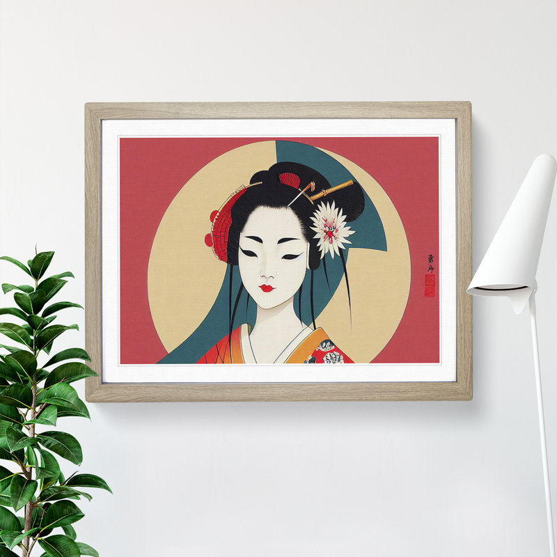 Geisha Art Deco - Single Picture Frame Print, 46cm H x 64cm W x 2cm D, Oak Framed