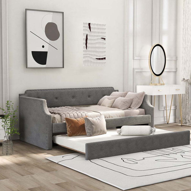 Upholstered Daybed with Trundle, Gray