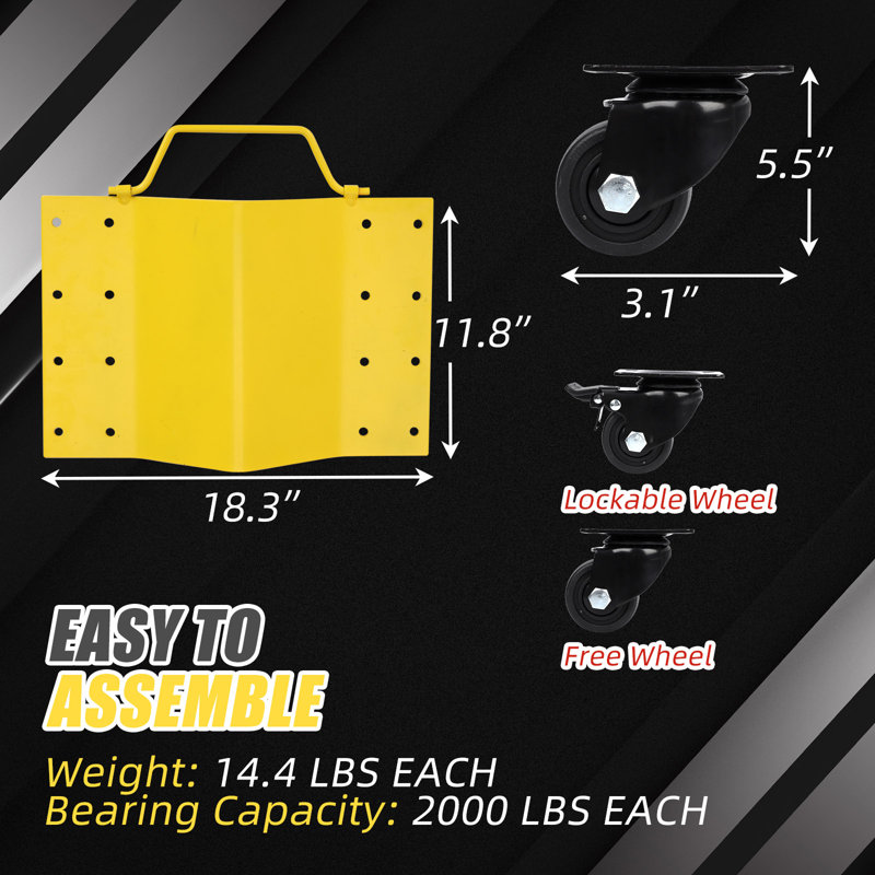Heavy-Duty Car Wheel Dolly Set - 8,000 lb Total Capacity, 360° Swivel Casters, Locking Brakes, Anti-Slip Steel V-Frame Vehicle Moving Skates for Garage Shop | Yellow | 2pcs