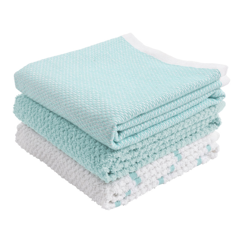 Aqua and White Cotton Terry Kitchen Towel Set, 6 Pieces