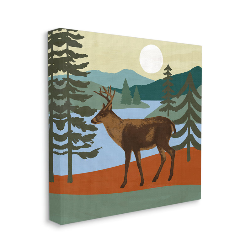 «Lakeside Mountain Peaks Forest Deer Walking» par Victoria Barnes - Peinture, Toile tendue, H 17 po x l 17 po x P 1,5 po
