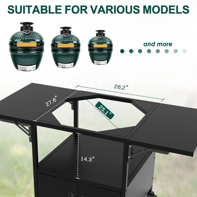 Support de gril compatible avec Big Green Egg et Kamado Joe Jr, tables de préparation à double face, rangement multi-usage robuste, capacité de 130 lb, structure en métal, housse anti-poussière incluse, assemblage extérieur facile