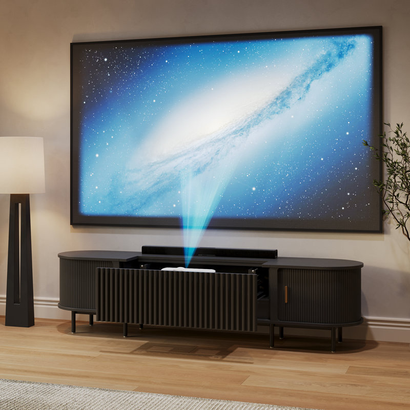 Meuble télé électrique Mid-Century avec projecteur ultra-court, H 21,3 po x L 18,3 po x l 86,6 po, Noir