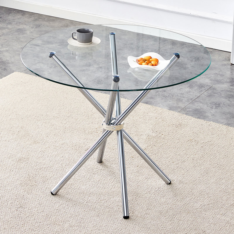 Table de salle à manger ronde en verre transparent avec une forme unique pour 4 à 6 personnes, avec des pieds en métal froncés en forme d'anneau, convenant aux bureaux, aux cuisines, aux terrasses et aux salles à manger.