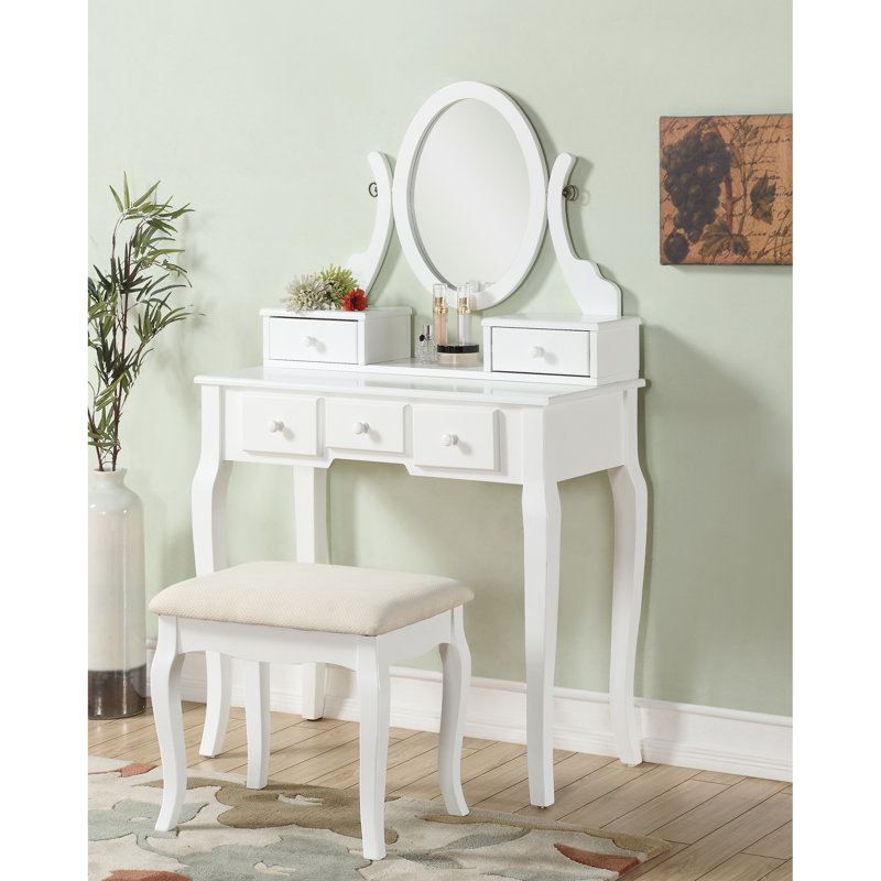 Bureau et tabouret de coiffeuse en bois, blanc - rangement 5 tiroirs et miroir ovale réglable pour tabouret de beauté
