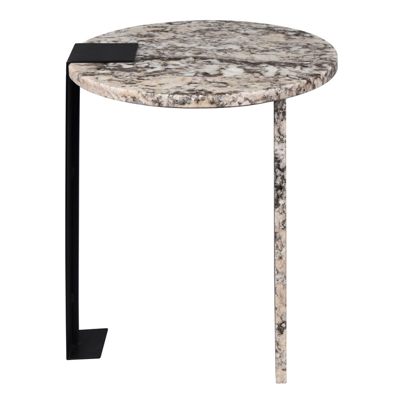 Lyra 20" Modern Round Asymmetrical Marble Accent Table, Ivory & Black Natural Veined Stone with Black Iron Metal Base for Living Room