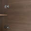 Une armoire de salle de bain brune de 30 pouces avec une porte horizontale à lattes, jumelée à un lavabo en céramique blanche, présente un design moderne à la fois imperméable et durable