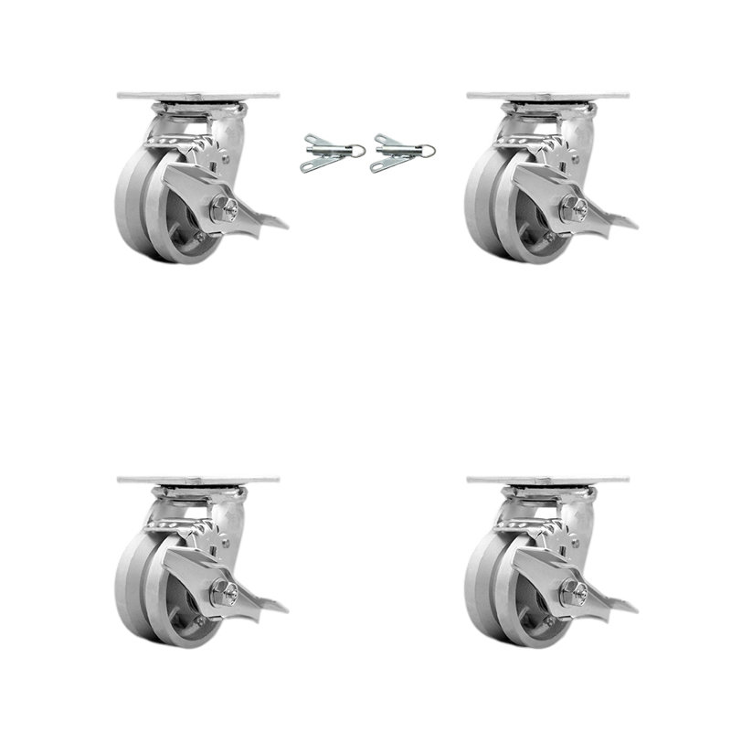 4 Inch V Groove Semi Steel Caster Set with Roller Bearings 4 Brake 2 Swivel Lock|SCC-30CS420-VGR-TLB-BSL-2-TLB-2