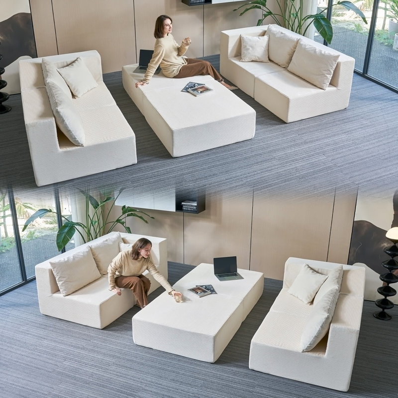 Canapé-lit modulaire de 140 po, Velours côtelé beige et blanc