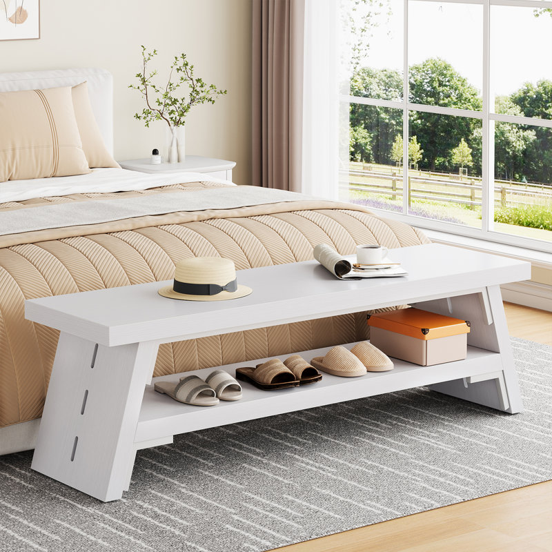  47'' Front Entryway Bench, 4 Pair Shoe Storage Bench With Lower Shelf, White