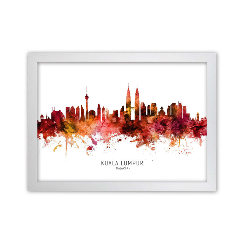 Kuala Lumpur Malaysia Skyline Red City Name by Michael Tompsett - Print, 25cm H x 34cm W x 3cm D, White Framed