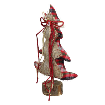 Arbre de Noël à motif écossais rouge et brun 15 po avec base en bois