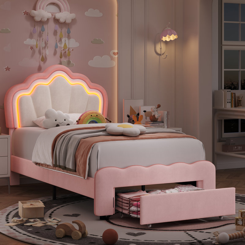 Avalie Upholstered LED Kids Bed with Drawer & Adjustable Headboard, Twin, Pink/Beige Velvet