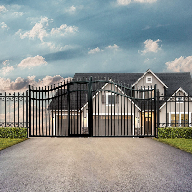 Vienna Style Black Steel Dual Swing Driveway Gate with Pedestrian Door