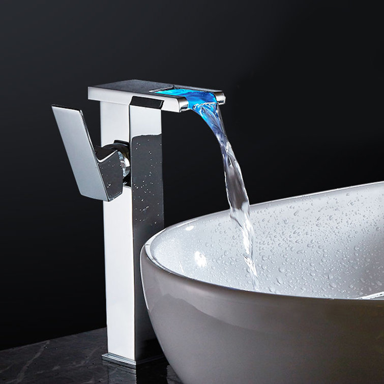 Waterfall Bathroom Vessel Faucet Led Light 3 Color Changing Single Handle One Hole Bowl Sink Faucet