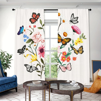 2 pièces rideaux à motif de fleurs de papillons, rideaux de fenêtre à passe-tringle, design floral vibrant, décoration de fenêtre d'étude de salon
