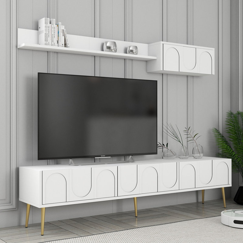 Meuble télé moderne avec tablette murale, blanc et or, 70,9 po x 17,0 po x 13,8 po | 100% panneau de particules enduit de mélamine, épaisseur: 0,7 pouce | Plusieurs tablettes, conception murale, élégante et fonctionnelle pour le salon
