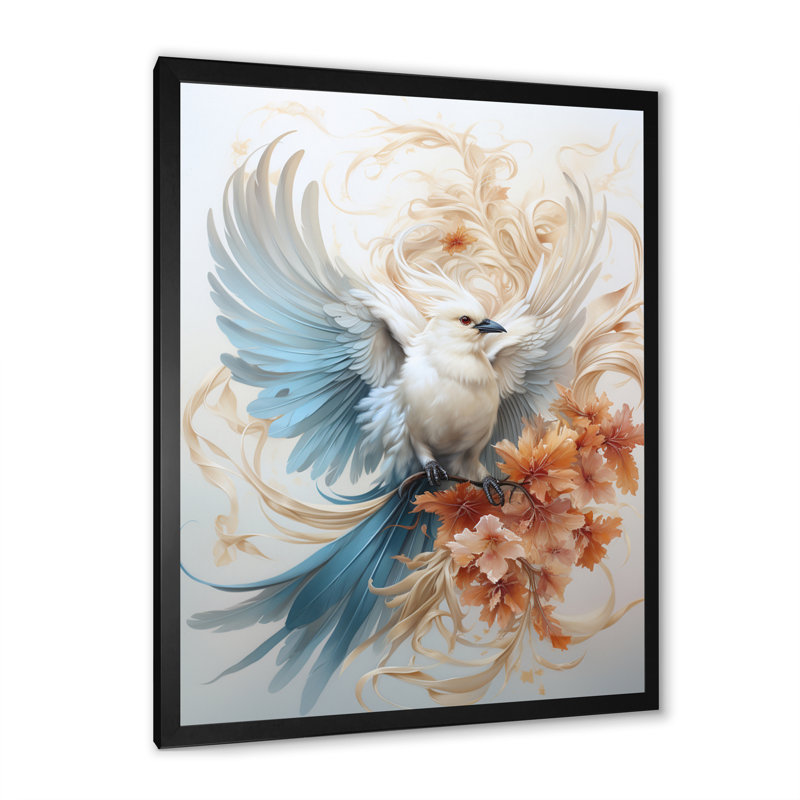 Majestueux oiseau blanc sur une branche de fleur, Cadre simple noir, H 32 po x l 16 po x P 1 po