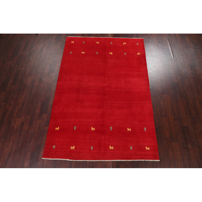 Tapis rouge / or / vert en laine noué à la main de conception unique 6 pi 7 po x 9 pi 9 po Gabbeh Kashkoli