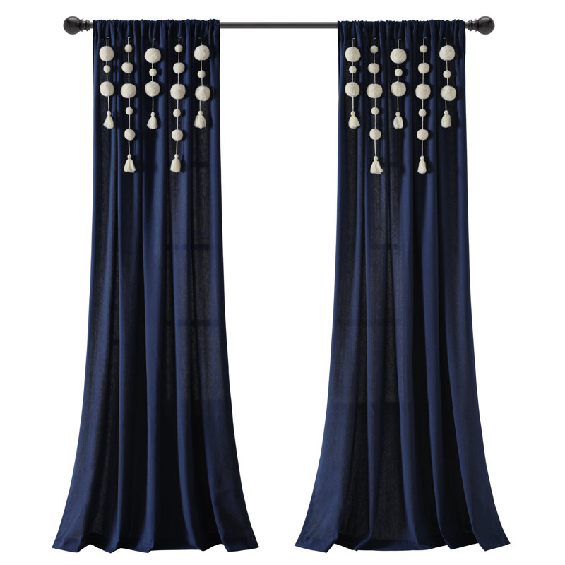 Navy Faux Linen Rod Pocket Sheer Curtain Panel with Tassels