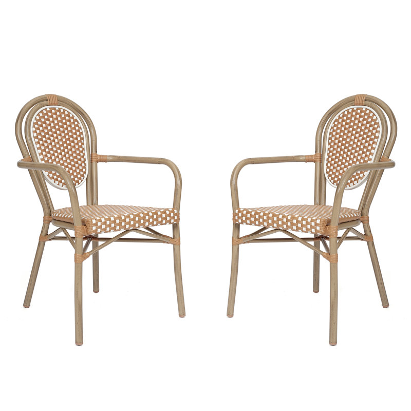 Damore All-Weather Commercial Paris Chairs with Arms and Metal Frames, White/Tan/Light Natural