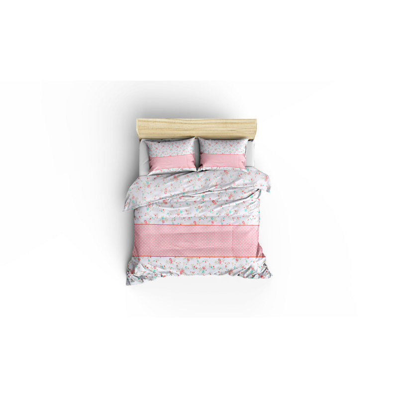 Ensemble de housse de couette 100% coton blanc / rose / turquoise Lanza, Housse de couette 94 po x 87 po + 2 taies d'oreill