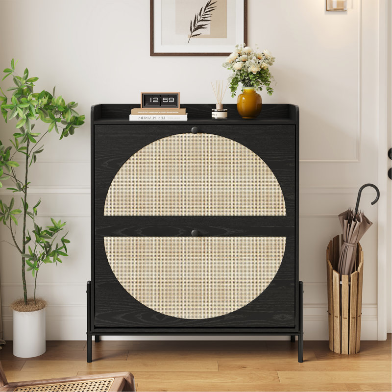 2-Drawer Wooden Shoe Cabinet With Rattan Doors / Narrow Freestanding Storage Organizer For Entryway, Black