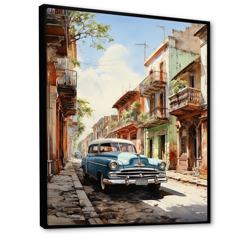 Irvings Turquoise Cuba Classic Cars sur toile, H 32 po x l 24 po x P 1 po, Cadre flottant noir