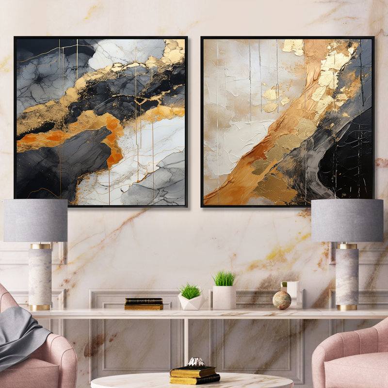 Minimalisme chrome or et orange Poteries - Ensemble de 2 collages carrés abstraits, Cadre flottant noir, H 16 po x l 33 po