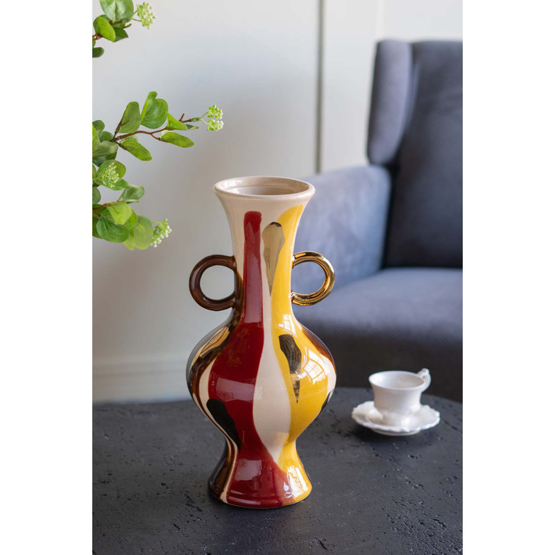 Vase rond en céramique avec finition multicolore abstraite et petites poignées, H 13,8 po x l 6,4 po x P 6,4 po