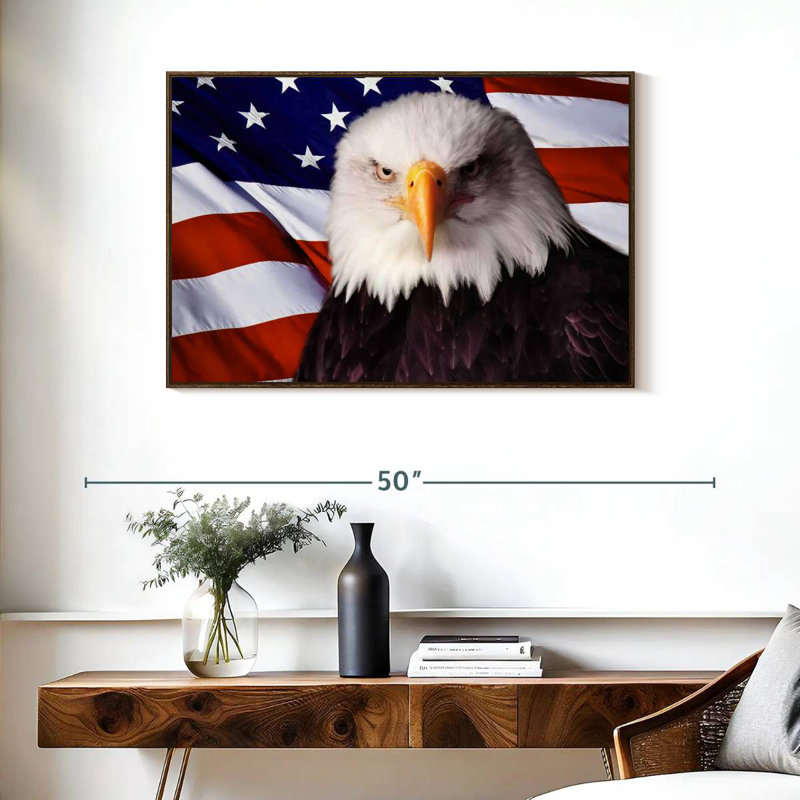 Drapeau américain, aigle à tête blanche, 37 po x 25 po, Cadre flottant en noyer