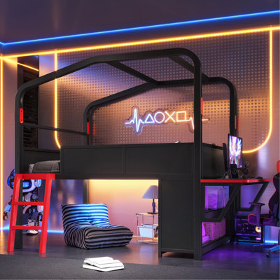 Lit mezzanine double pleine grandeur avec bureau latéral et ports USB, lit mezzanine en métal de style jeu avec lumières à DEL, armoires de rangement et auvent chic